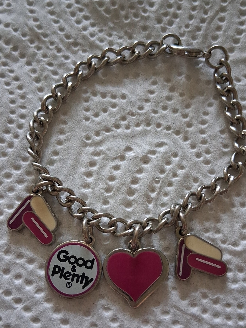 Silver Chain Bracelet with Pink Heart & Good & Plenty Charms